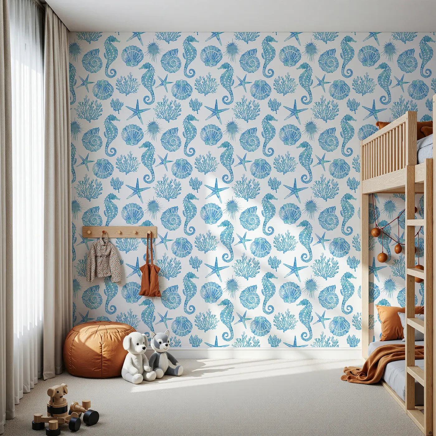 Front view of Whimsy Tots' Watercolor Ocean Treasures Wallpaper in Blue