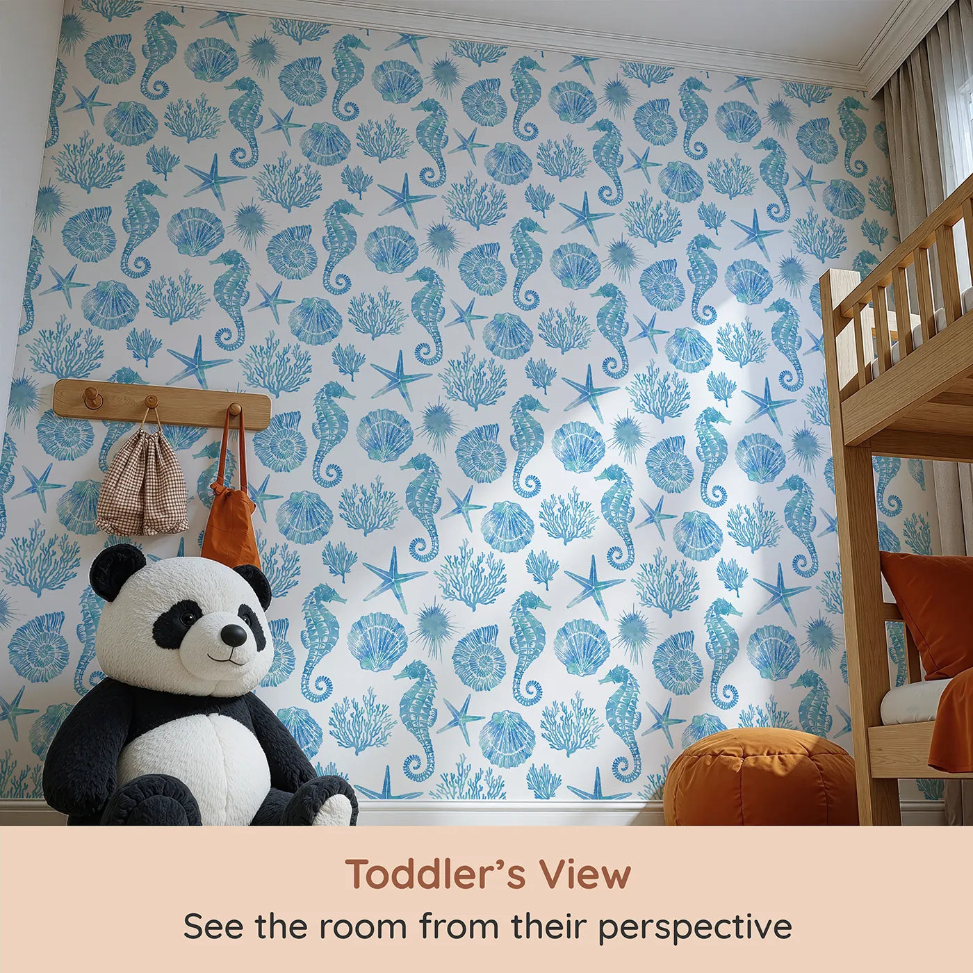 Whimsy Tots Watercolor Ocean Treasures Wallpaper in Blue (W2024) from your child's view.Where the treasures of the deep float in a watercolor wash.