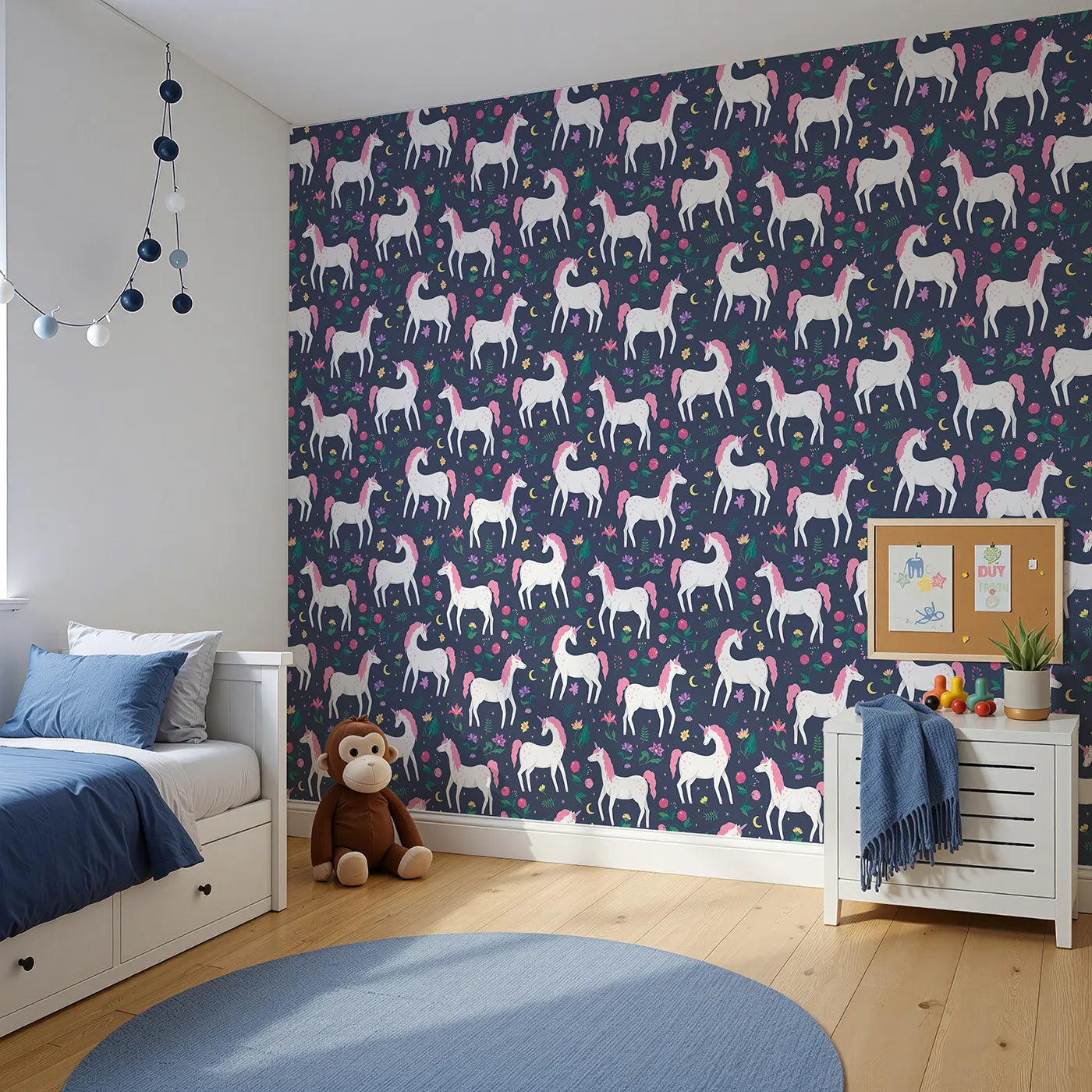 Angled view of Whimsy Tots' Midnight Unicorn Garden Wallpaper (W2025).Where magical unicorns wander among moonlit flowers.