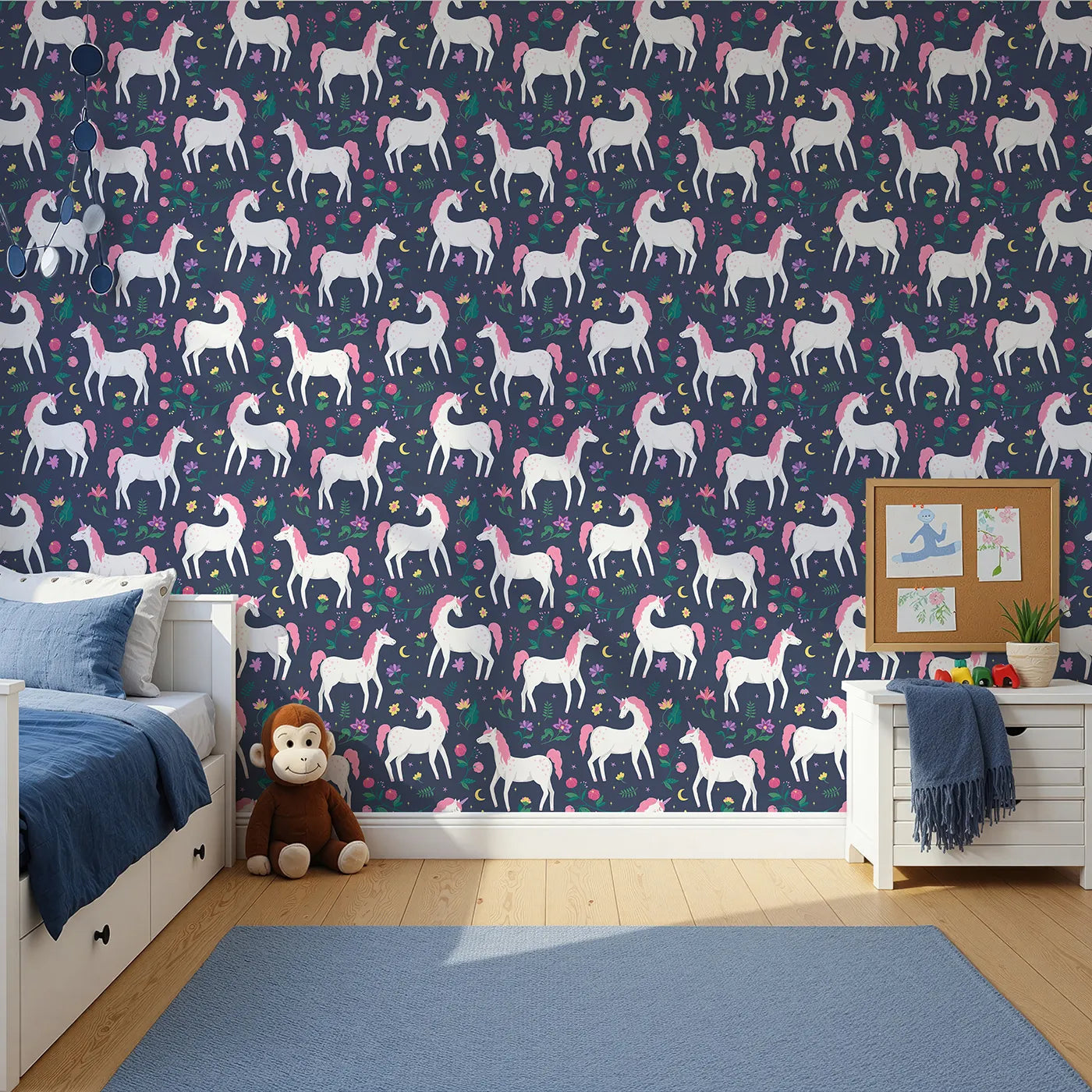 Front view of Whimsy Tots' Midnight Unicorn Garden Wallpaper