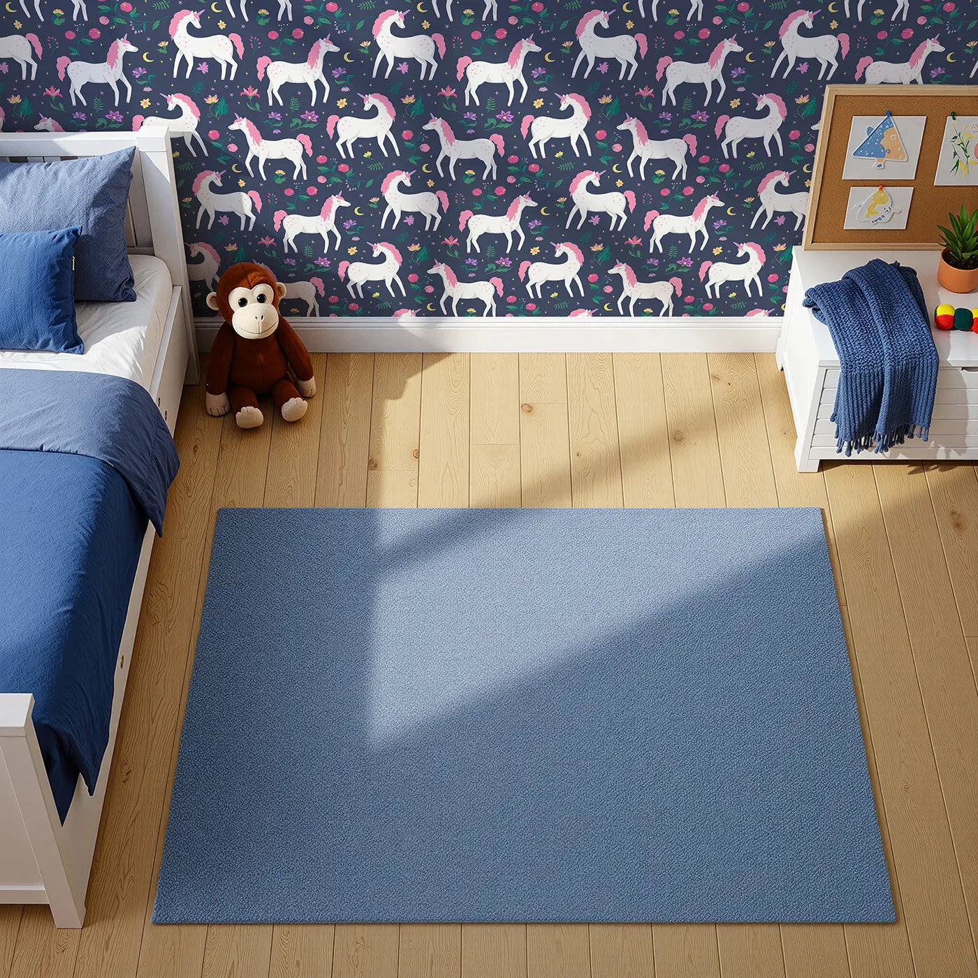 Top-Down view of Whimsy Tots' Midnight Unicorn Garden Wallpaper (W2025).Where magical unicorns wander among moonlit flowers.