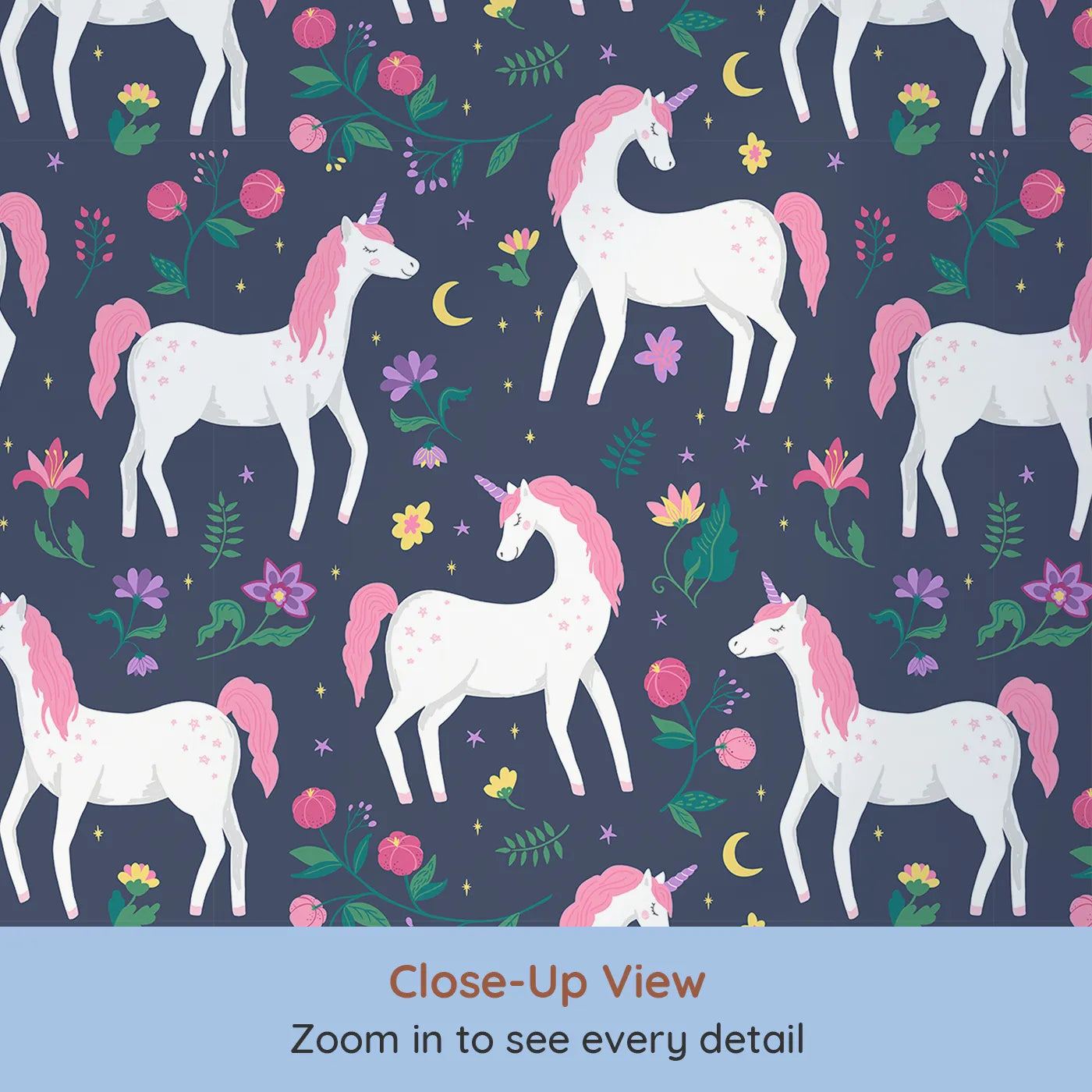 Close-up view of Whimsy Tots' Midnight Unicorn Garden Wallpaper (W2025).Where magical unicorns wander among moonlit flowers.