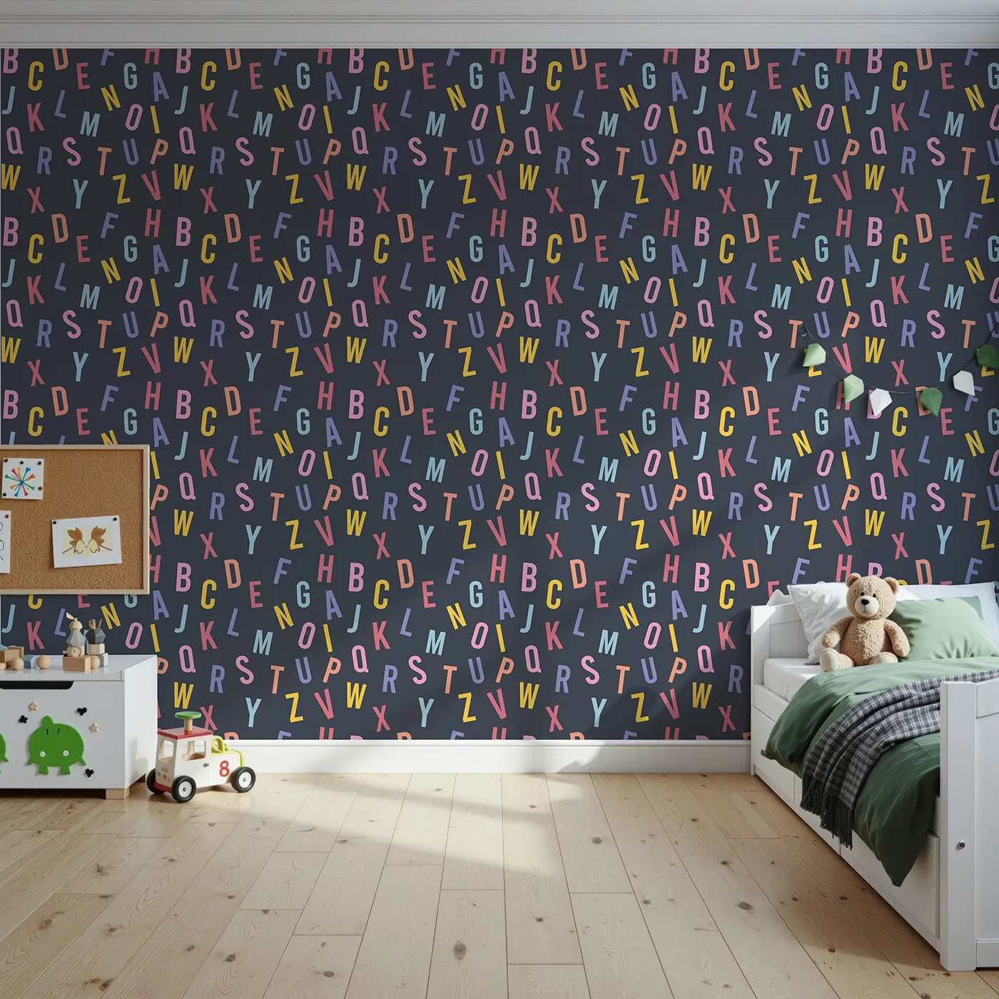 Front view of Whimsy Tots' Colorful Alphabet Scatter Wallpaper