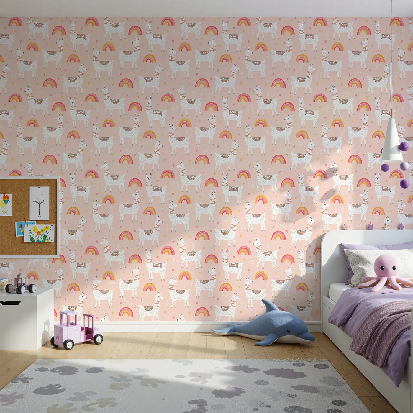 Front view of Whimsy Tots' Boho Llama Rainbow Wallpaper in Pink