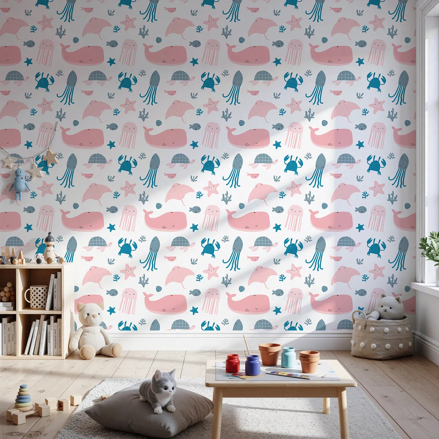 Front view of Whimsy Tots' Pastel Ocean Friends Wallpaper