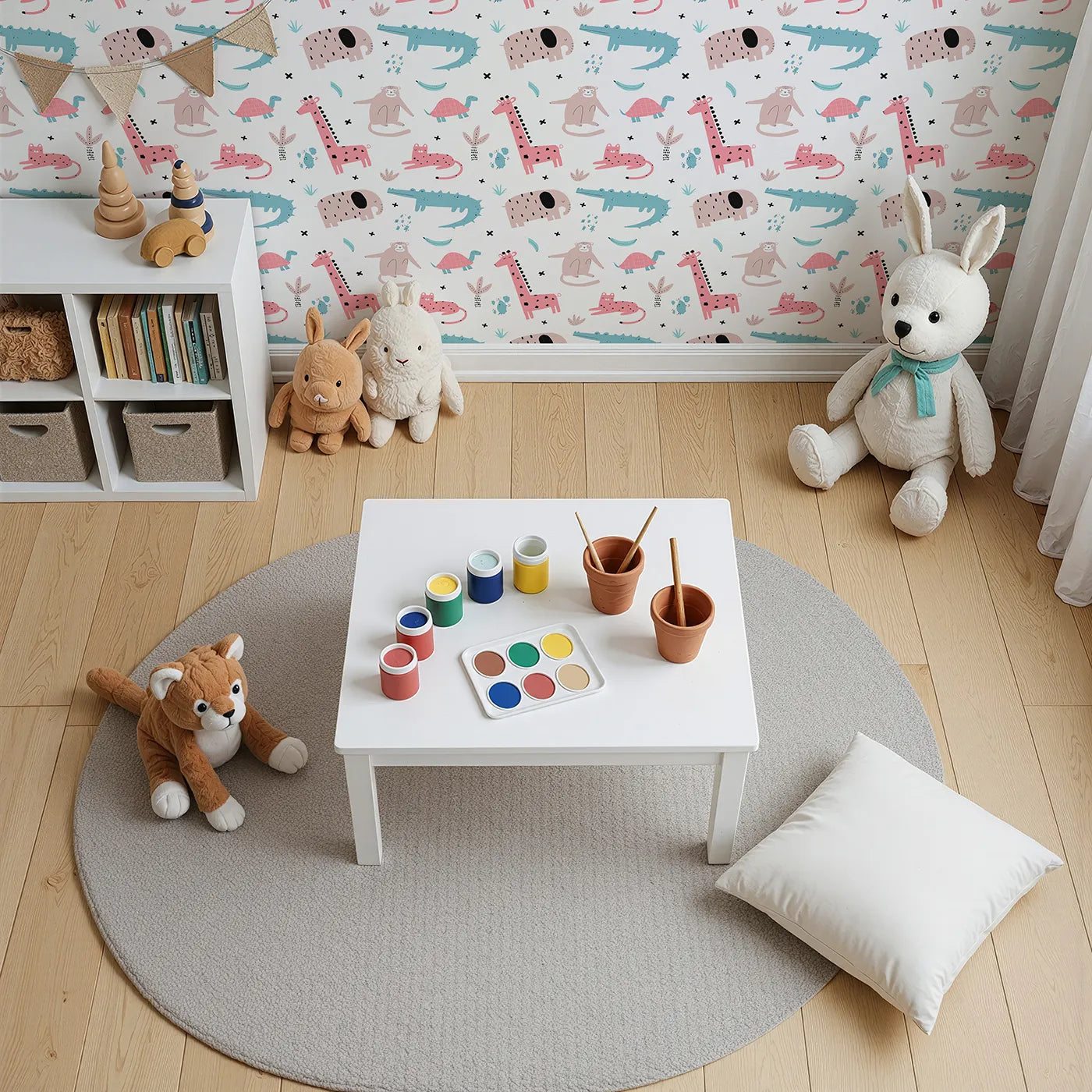 Top-Down view of Whimsy Tots' Scandi Jungle Friends Wallpaper (W2029).Where quirky animal friends are ready for a stylish adventure.