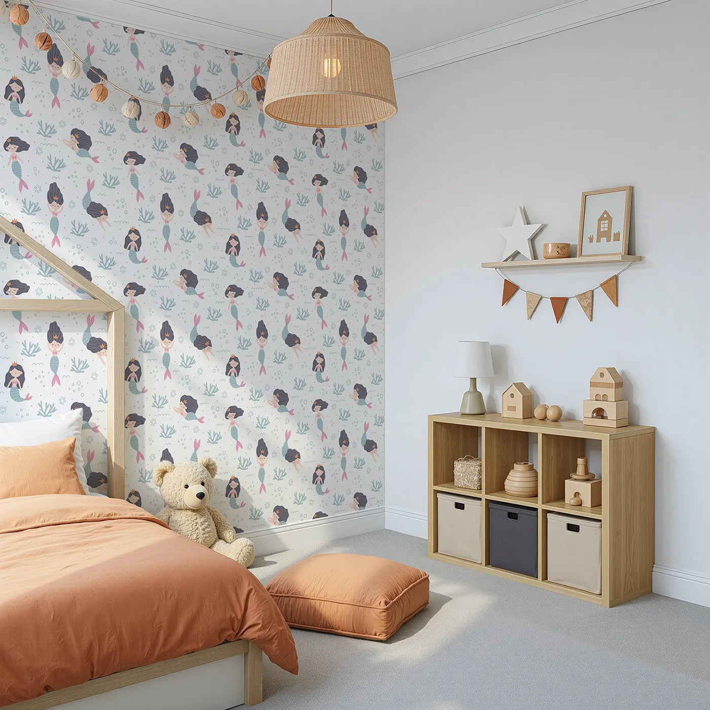 Angled view of Whimsy Tots' Mermaid Princess Dreams Wallpaper (W2031).Where mermaid princesses swim and play among the bubbles.