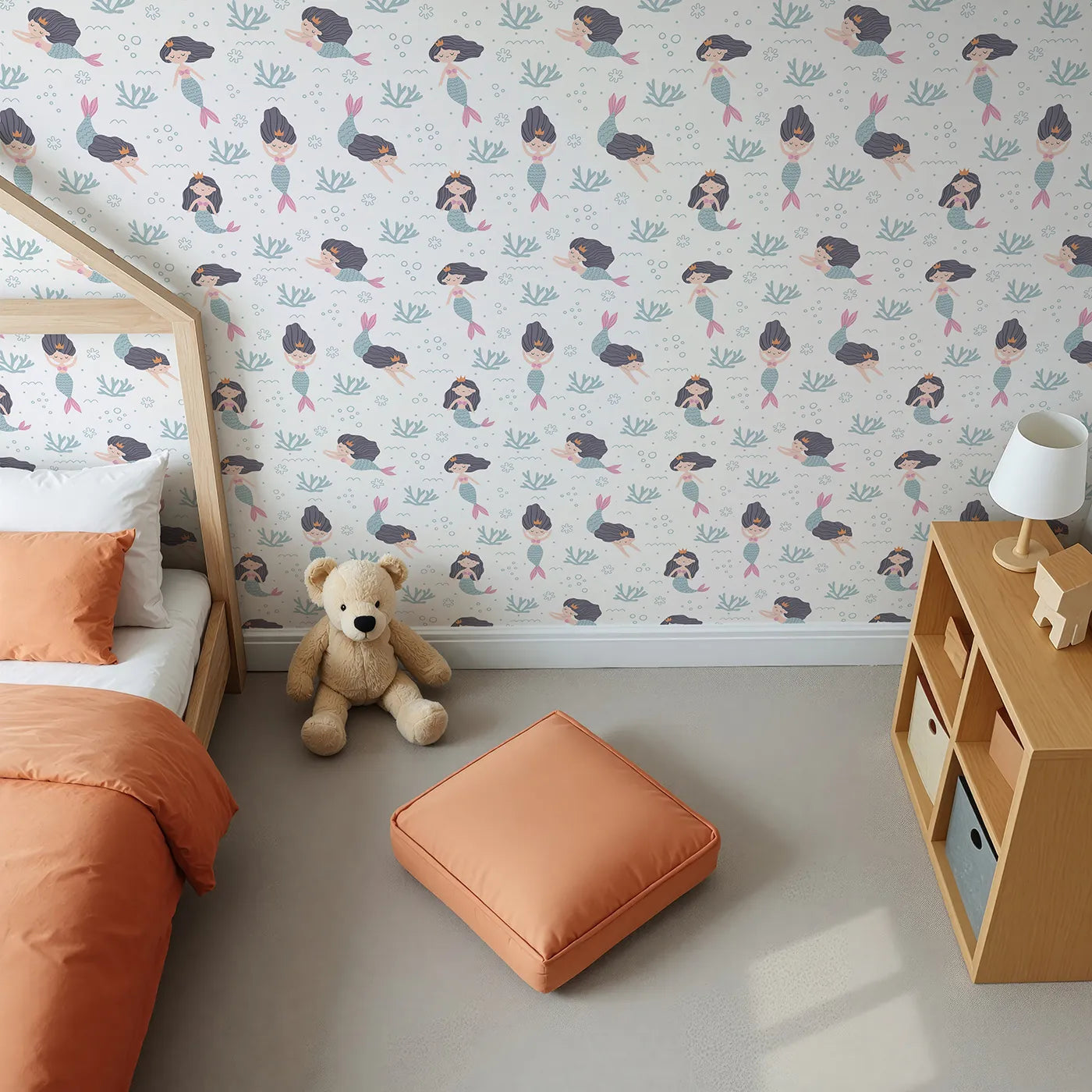 Top-Down view of Whimsy Tots' Mermaid Princess Dreams Wallpaper (W2031).Where mermaid princesses swim and play among the bubbles.