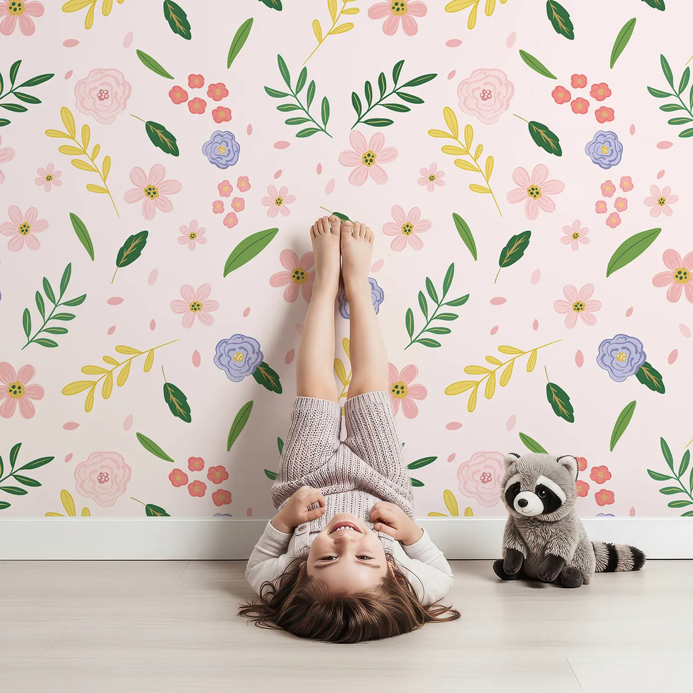 Lovely child standing in front of Whimsy Tots Spring Garden Bloom Wallpaper with flower, floral, garden, botanical, spring in design.