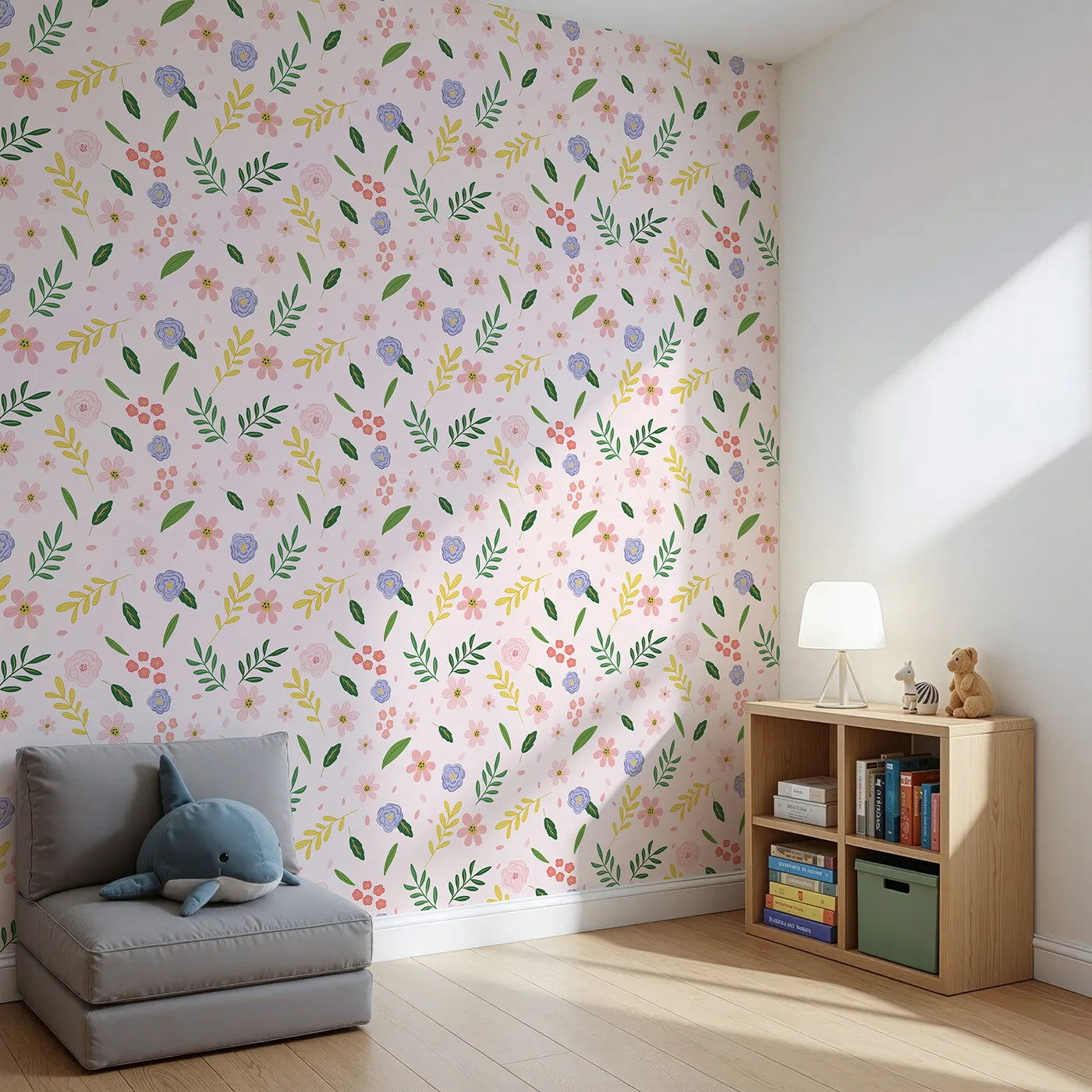 Angled view of Whimsy Tots' Spring Garden Bloom Wallpaper (W2032).Where cheerful blossoms are always in bloom.