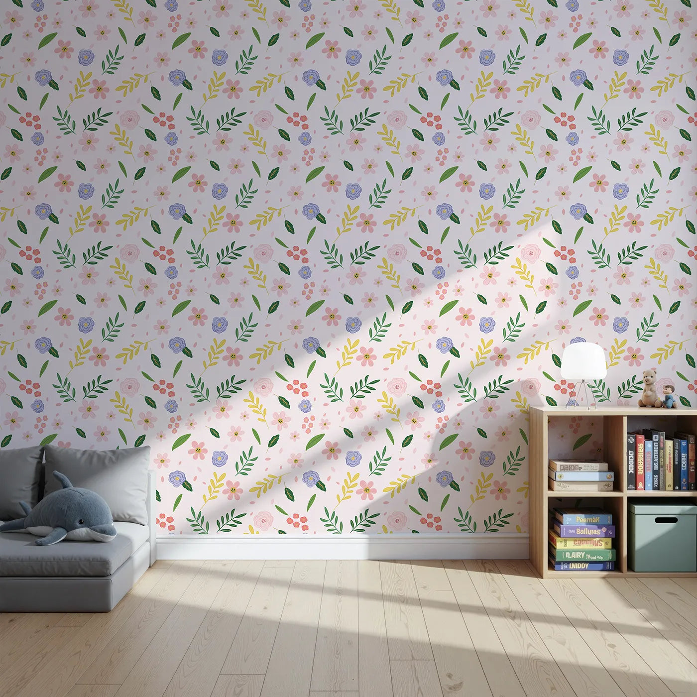 Front view of Whimsy Tots' Spring Garden Bloom Wallpaper