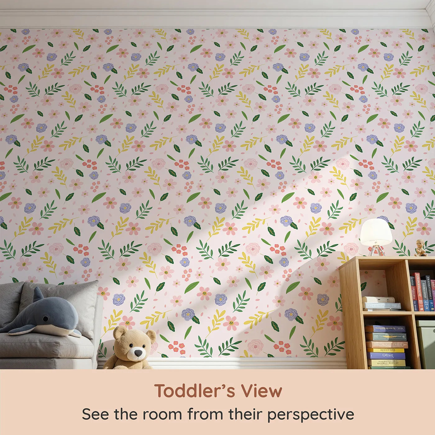 Whimsy Tots Spring Garden Bloom Wallpaper (W2032) from your child's view.Where cheerful blossoms are always in bloom.