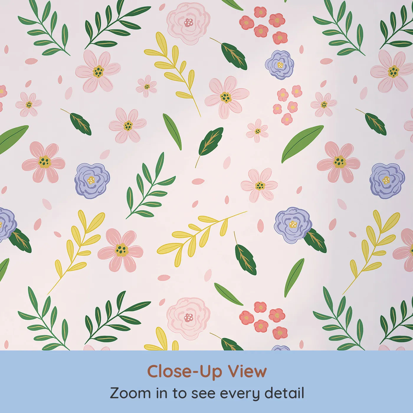 Close-up view of Whimsy Tots' Spring Garden Bloom Wallpaper (W2032).Where cheerful blossoms are always in bloom.