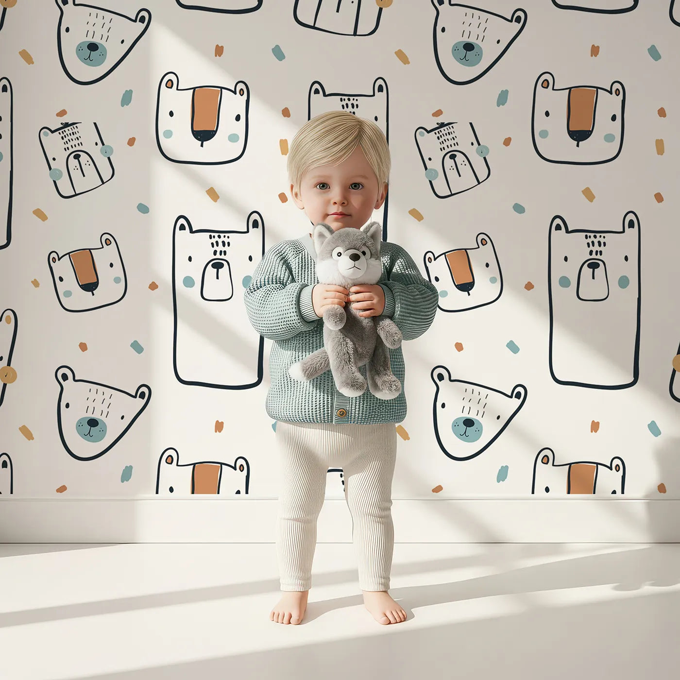 Lovely child standing in front of Whimsy Tots Doodle Bear Friends Wallpaper with bear, doodle, sketch, woodland, face in design.
