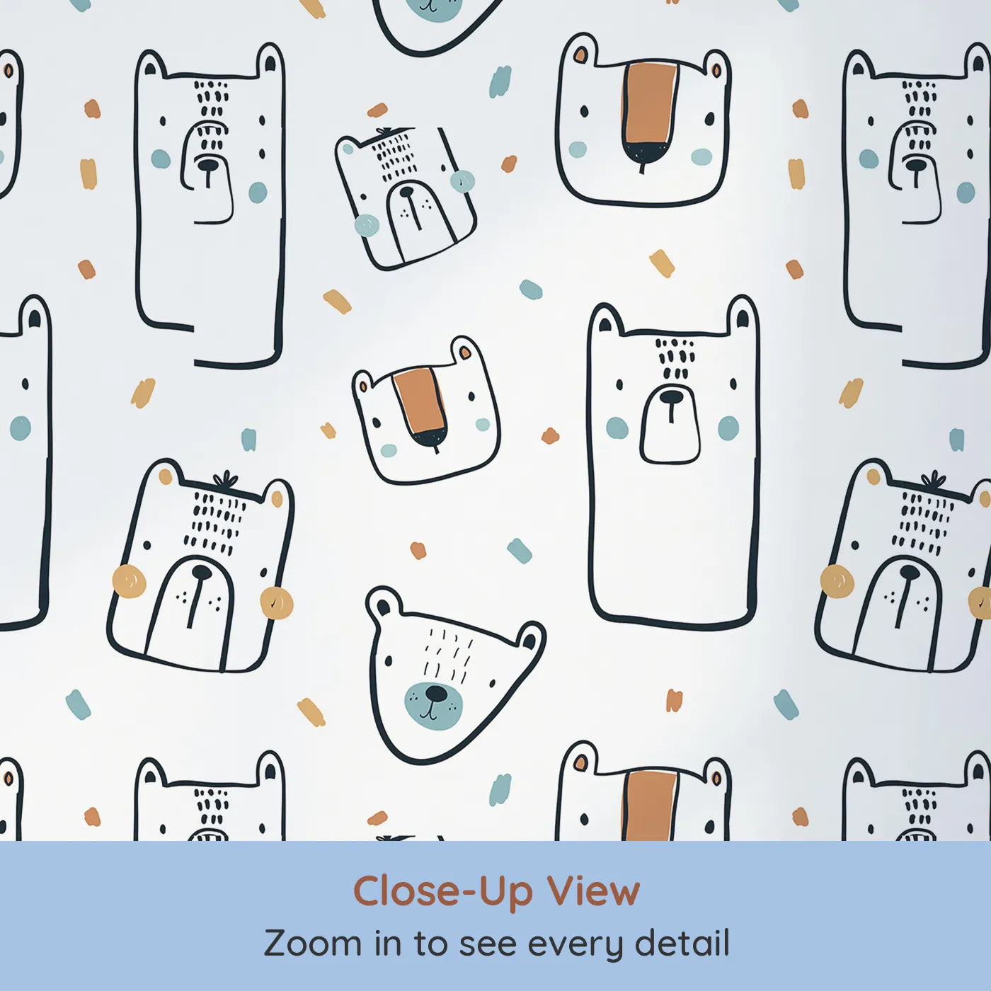 Close-up view of Whimsy Tots' Doodle Bear Friends Wallpaper (W2033).Where friendly, hand-drawn bears show off their personalities.