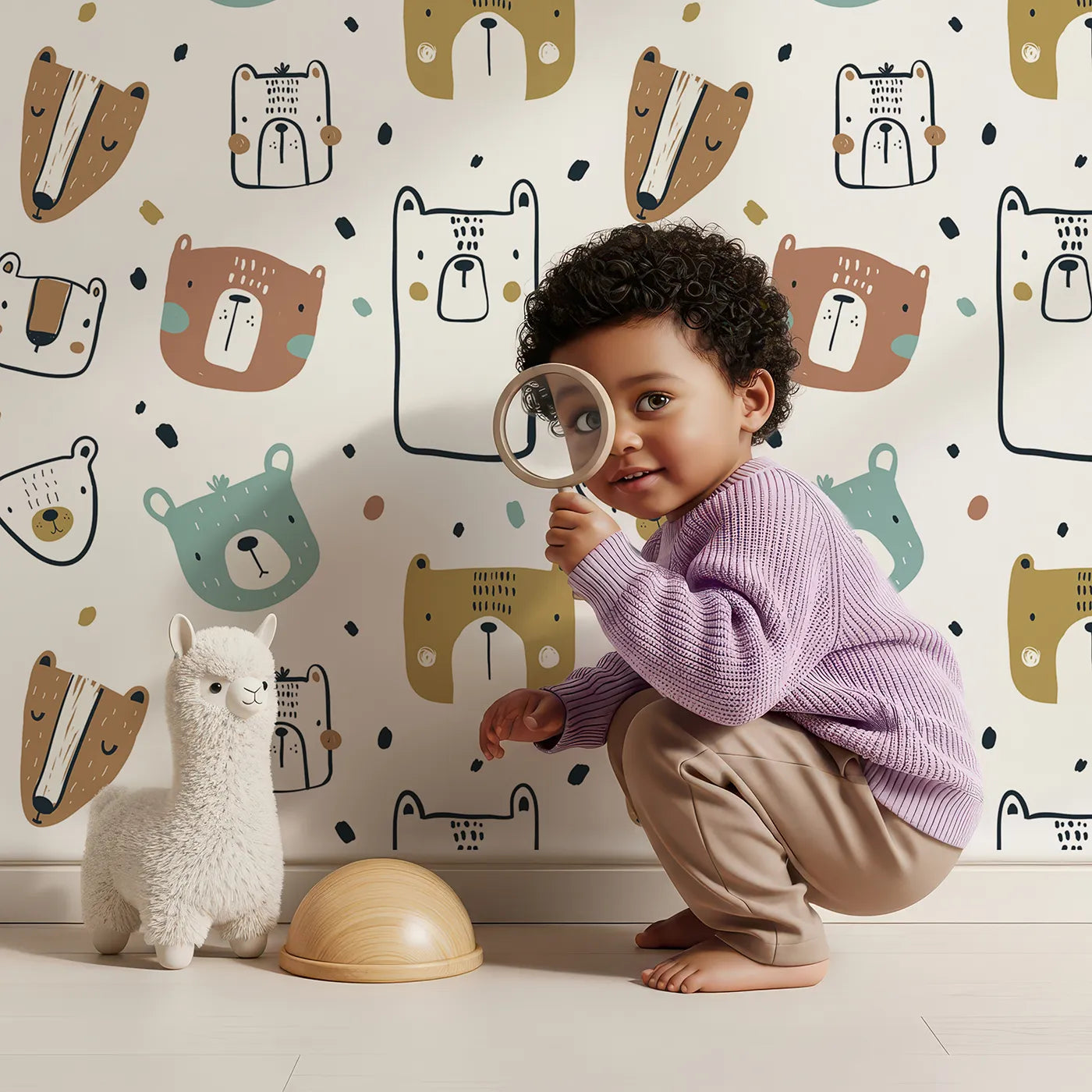 Lovely child standing in front of Whimsy Tots Scandi Bear Portraits Wallpaper with bear, woodland, scandinavian, modern, face in design.