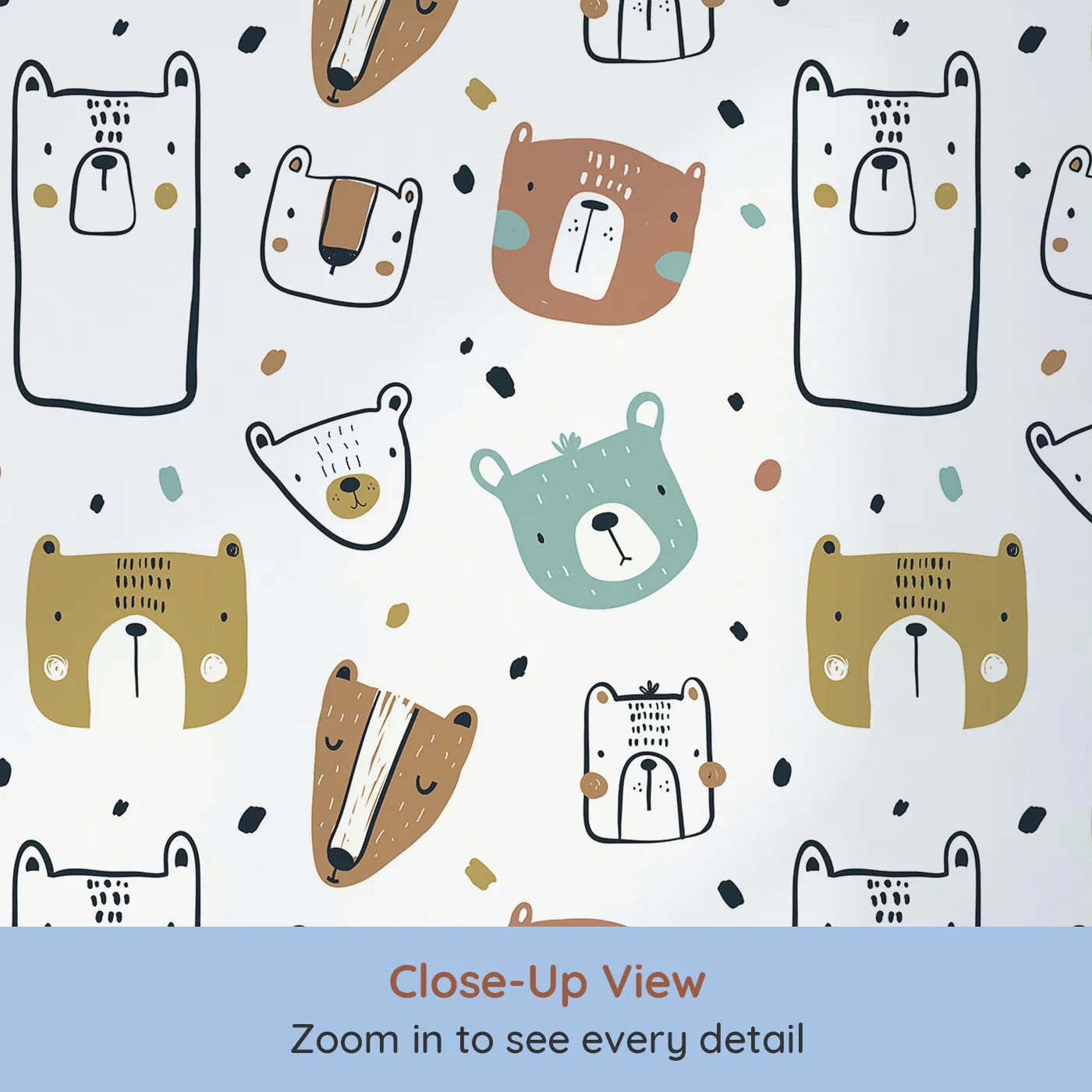 Close-up view of Whimsy Tots' Scandi Bear Portraits Wallpaper (W2035).Where a family of stylish bears says a friendly hello.