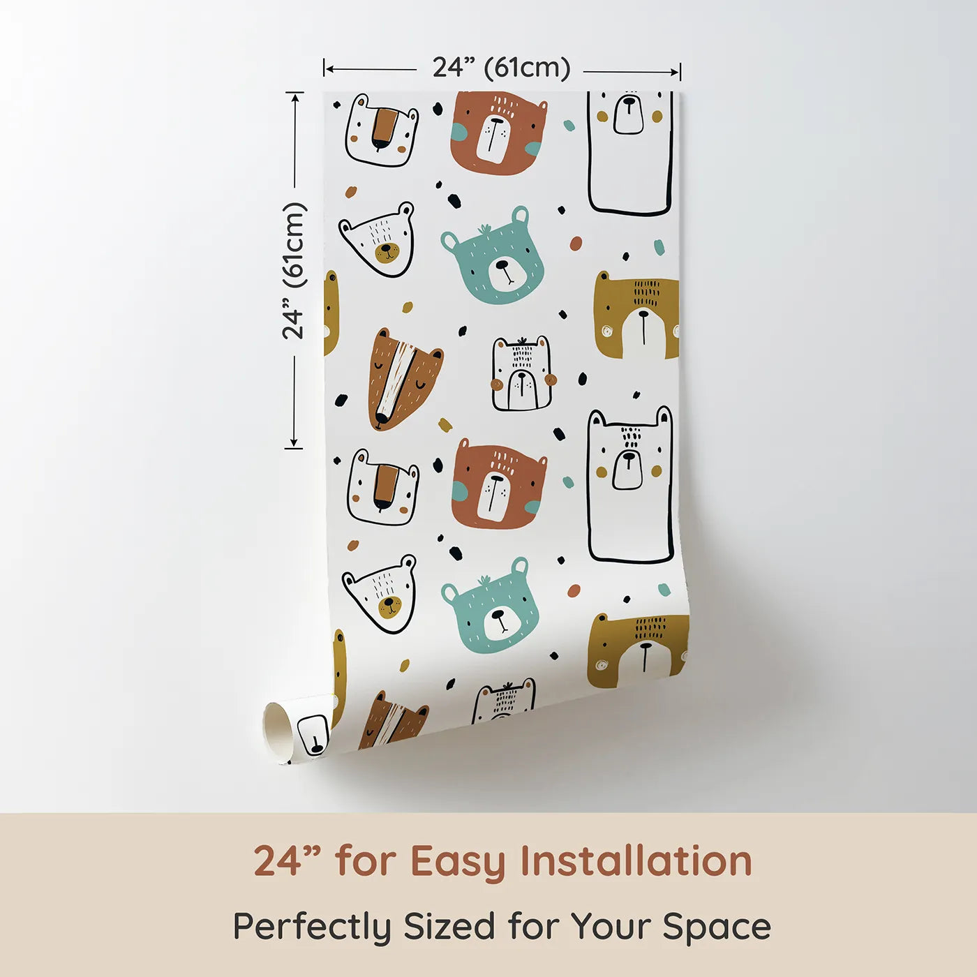 Dimension view of Whimsy Tots Scandi Bear Portraits Wallpaper (W2035). Printed in 24-inch-wide panel for easy installation. Where a family of stylish bears says a friendly hello.