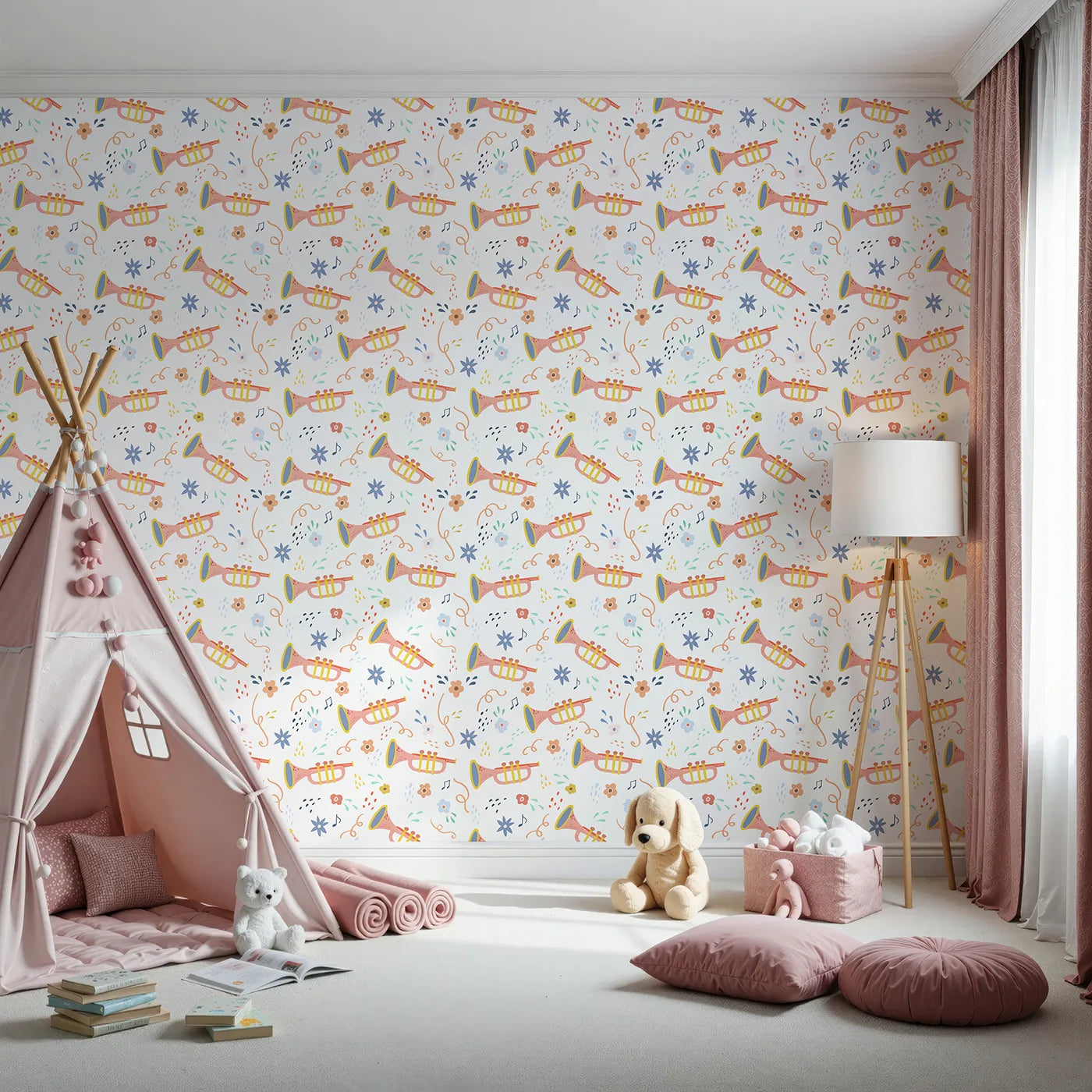Front view of Whimsy Tots' Musical Trumpet Celebration Wallpaper