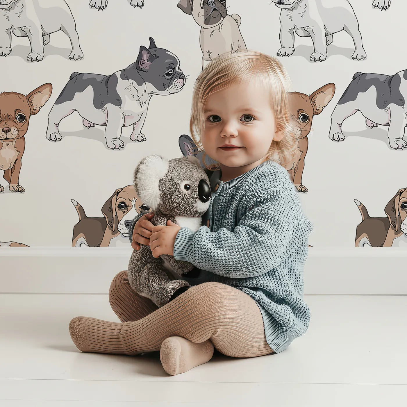 Lovely child standing in front of Whimsy Tots Puppy Pals Parade Wallpaper with dog, puppy, pet, pug, beagle, french bulldog in design.