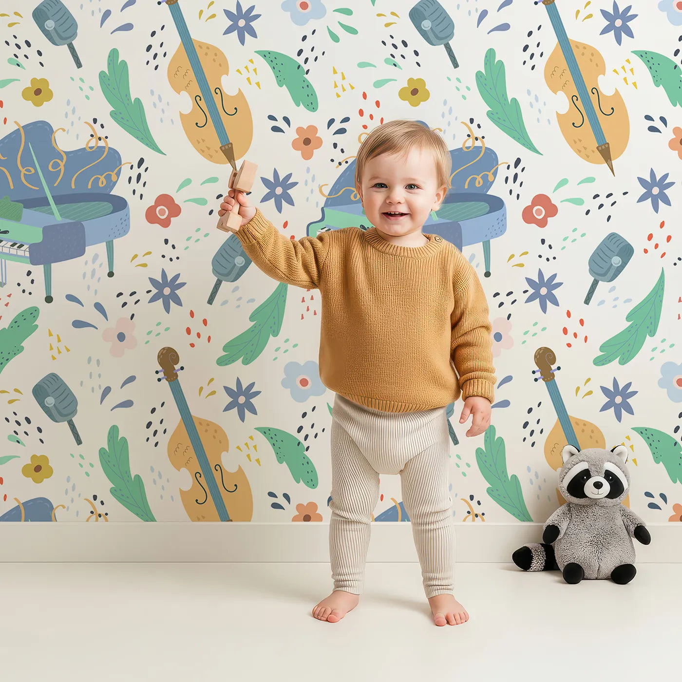 Lovely child standing in front of Whimsy Tots Jazz Club Jam Session Wallpaper with music, jazz, piano, cello, microphone in design.