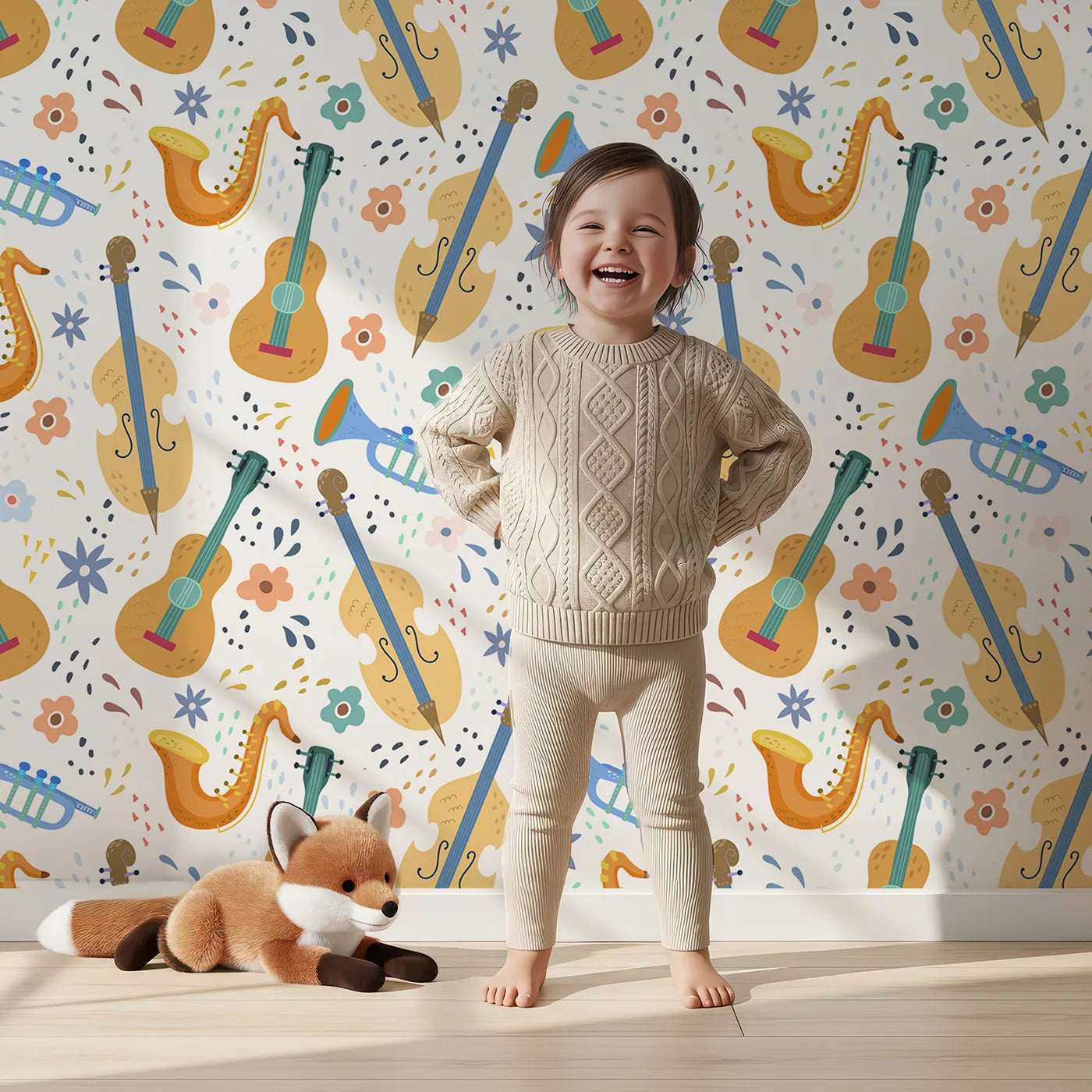 Lovely child standing in front of Whimsy Tots Orchestra of Colors Wallpaper with music, instrument, guitar, sax, trumpet in design.