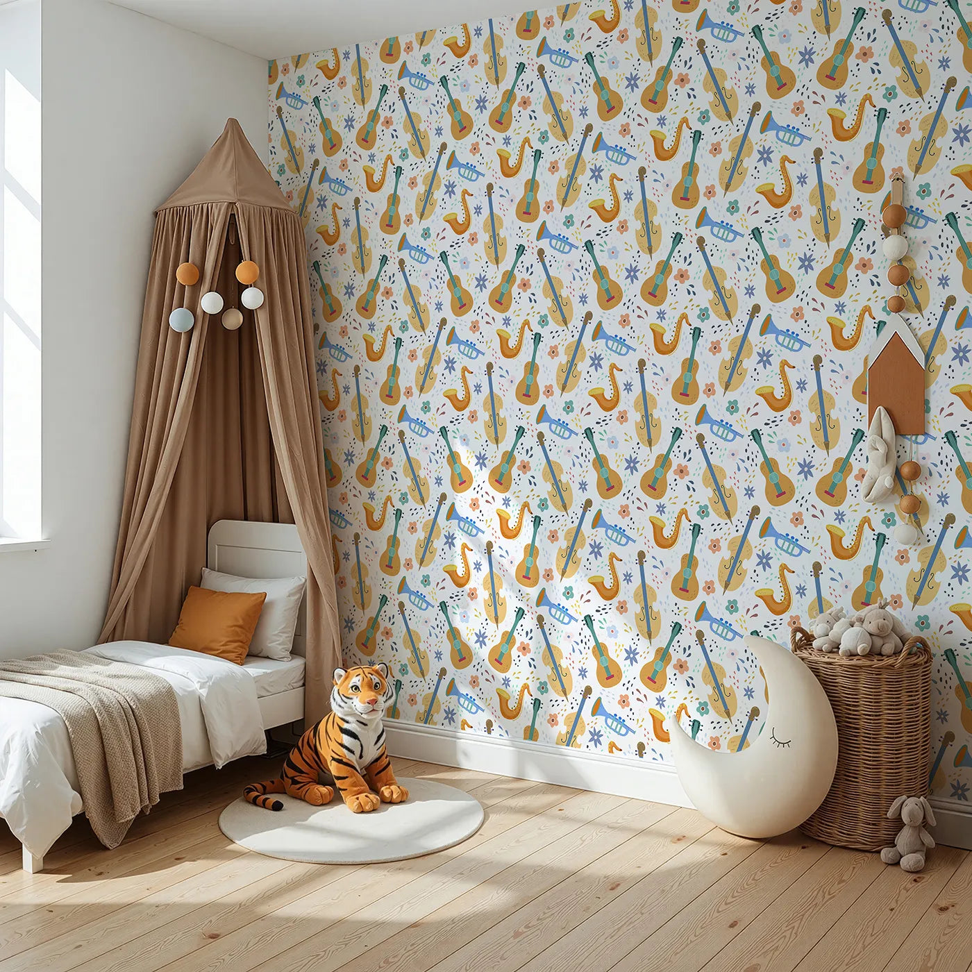 Angled view of Whimsy Tots' Orchestra of Colors Wallpaper (W2040).Where every instrument is ready to play a happy tune.