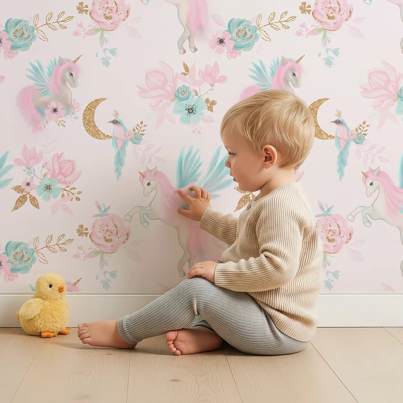 Lovely child standing in front of Whimsy Tots Glitter Pegasus Dream Wallpaper in Pink with unicorn, pegasus, flower, glitter, moon in design.