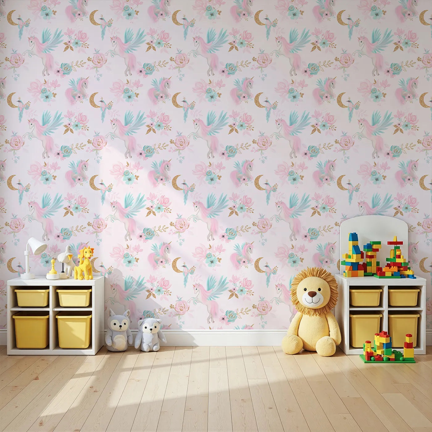 Angled view of Whimsy Tots' Glitter Pegasus Dream Wallpaper in Pink (W2043).Where magical unicorns with glittering wings fly among the flowers.