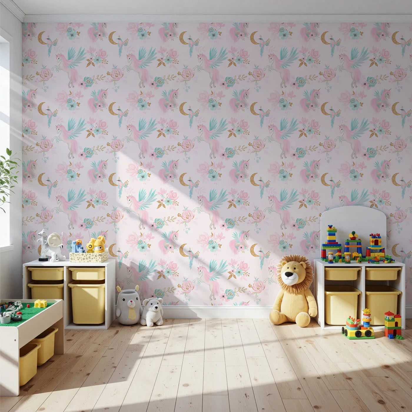 Front view of Whimsy Tots' Glitter Pegasus Dream Wallpaper in Pink