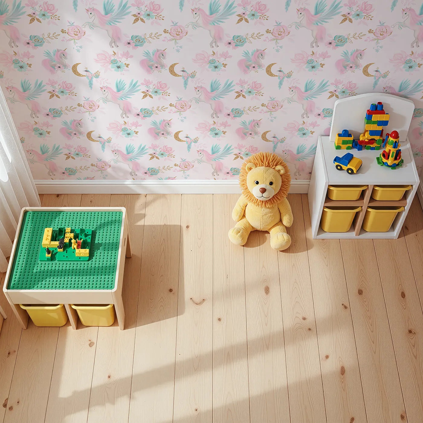 Top-Down view of Whimsy Tots' Glitter Pegasus Dream Wallpaper in Pink (W2043).Where magical unicorns with glittering wings fly among the flowers.