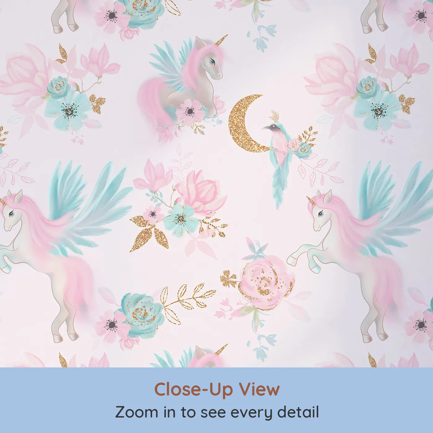 Close-up view of Whimsy Tots' Glitter Pegasus Dream Wallpaper in Pink (W2043).Where magical unicorns with glittering wings fly among the flowers.