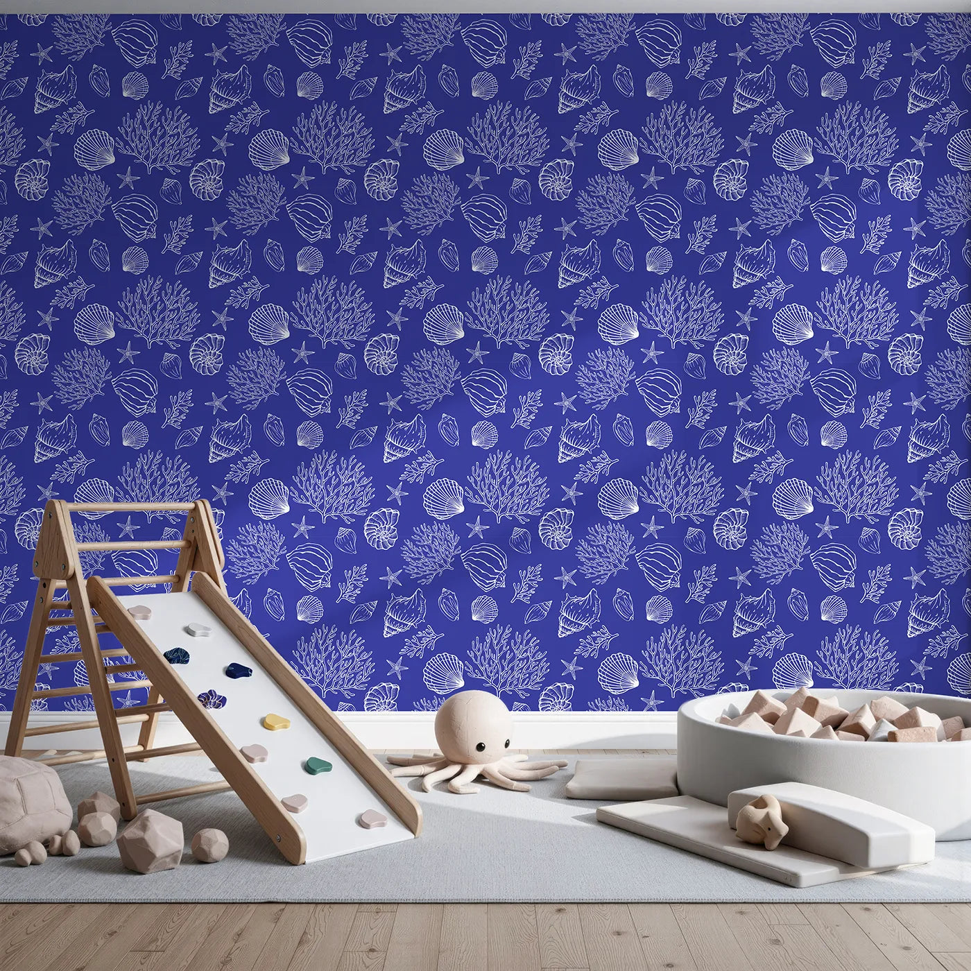 Front view of Whimsy Tots' Seashell Sketch Wallpaper in Blue
