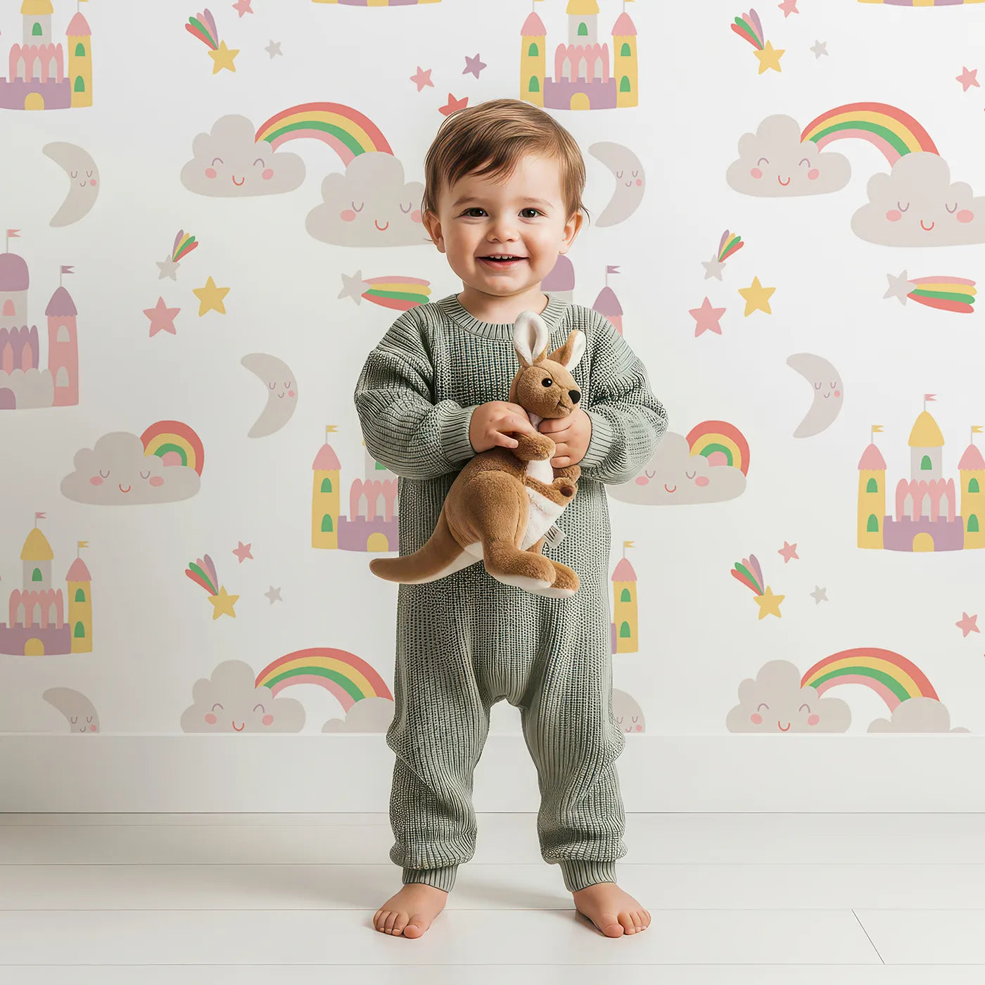 Lovely child standing in front of Whimsy Tots Fairytale Sky Kingdom Wallpaper with castle, cloud, rainbow, star, moon in design.