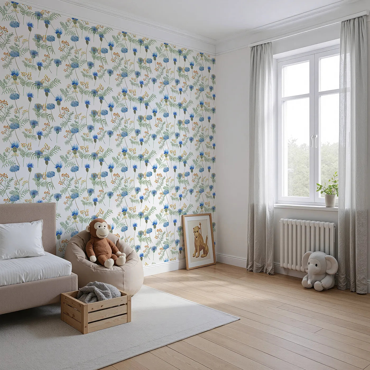 Angled view of Whimsy Tots' Watercolor Wildflower Meadow Wallpaper (W2047).Where delicate wildflowers sway in a soft breeze.