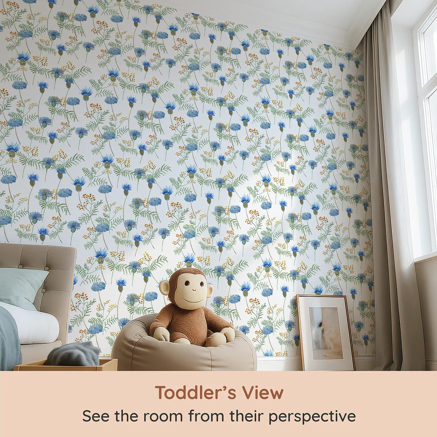 Whimsy Tots Watercolor Wildflower Meadow Wallpaper (W2047) from your child's view.Where delicate wildflowers sway in a soft breeze.