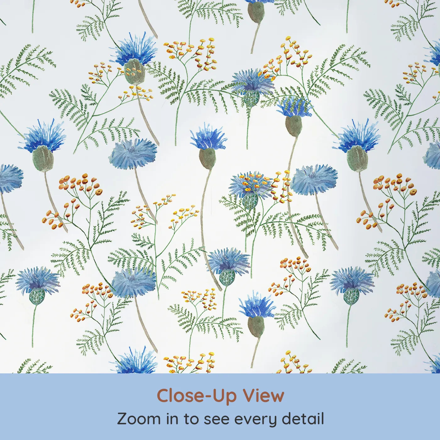 Close-up view of Whimsy Tots' Watercolor Wildflower Meadow Wallpaper (W2047).Where delicate wildflowers sway in a soft breeze.