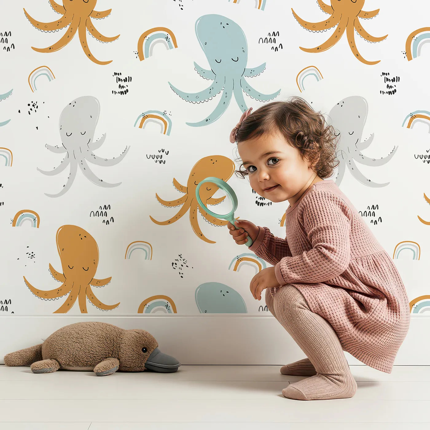 Lovely child standing in front of Whimsy Tots Boho Octopus Friends Wallpaper with octopus, rainbow, boho, ocean, sea in design.