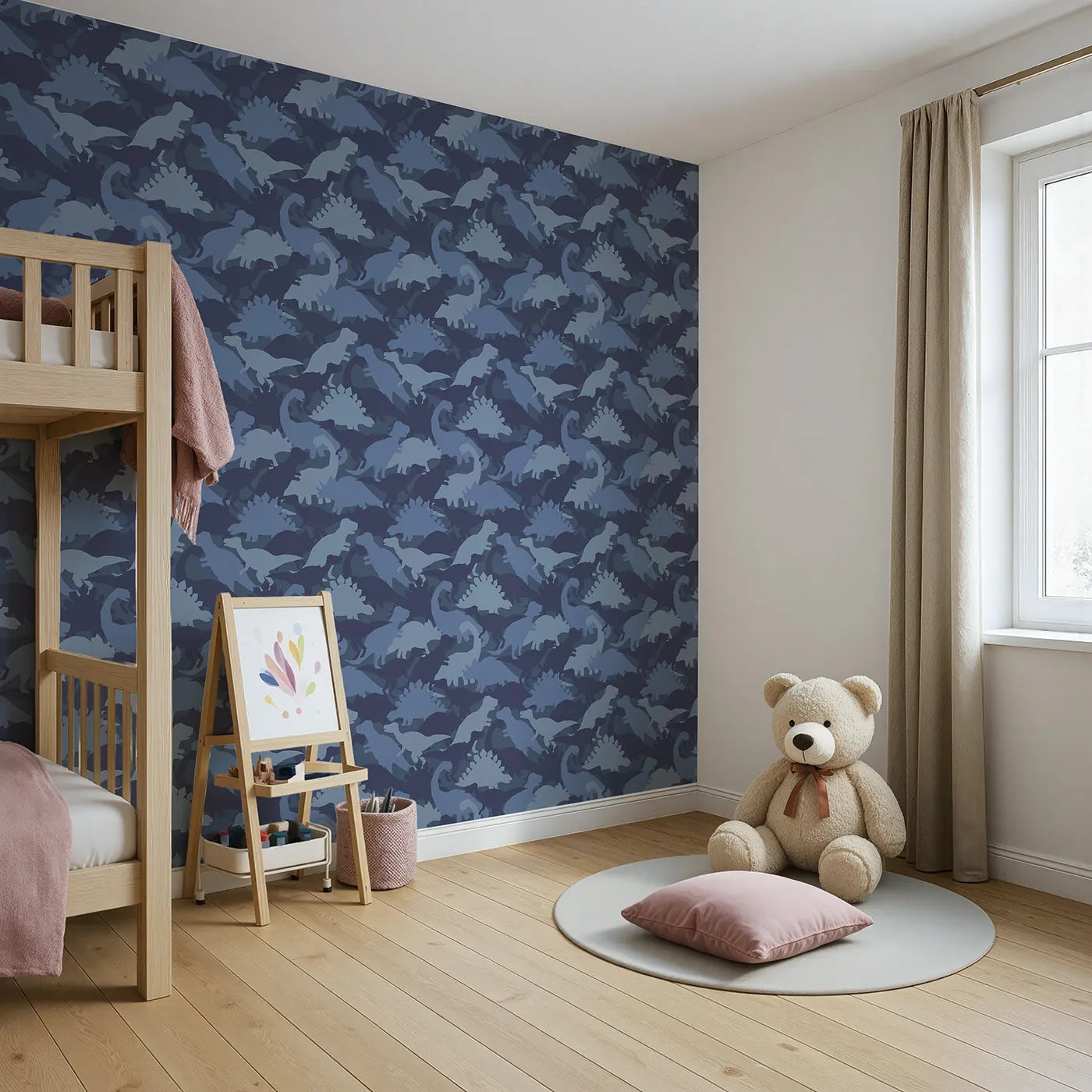 Angled view of Whimsy Tots' Dinosaur Camouflage Wallpaper in Blue (W2049).Where mighty dinosaurs are hiding in plain sight.