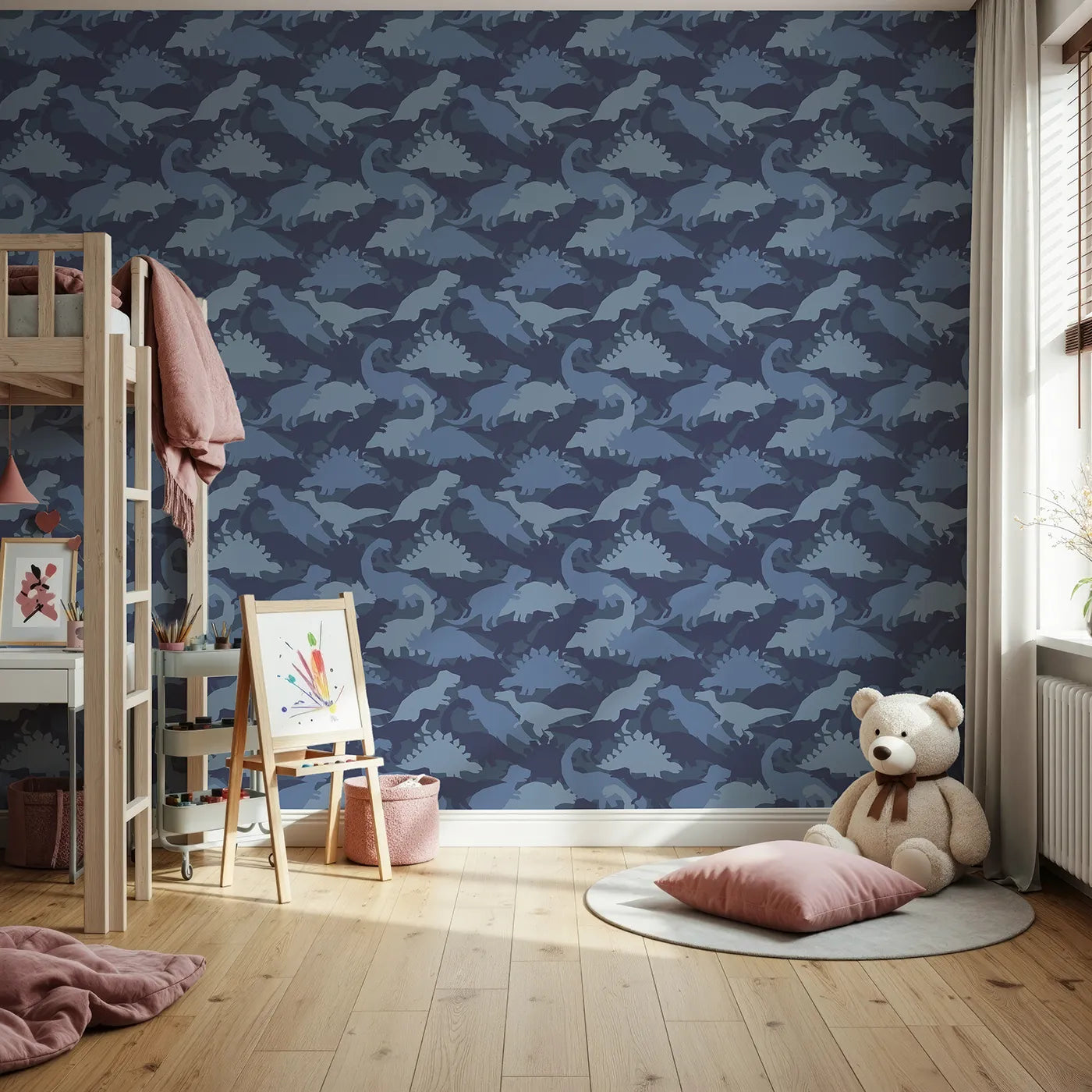 Front view of Whimsy Tots' Dinosaur Camouflage Wallpaper in Blue