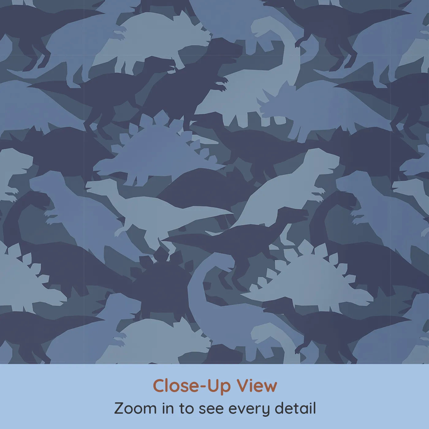 Close-up view of Whimsy Tots' Dinosaur Camouflage Wallpaper in Blue (W2049).Where mighty dinosaurs are hiding in plain sight.