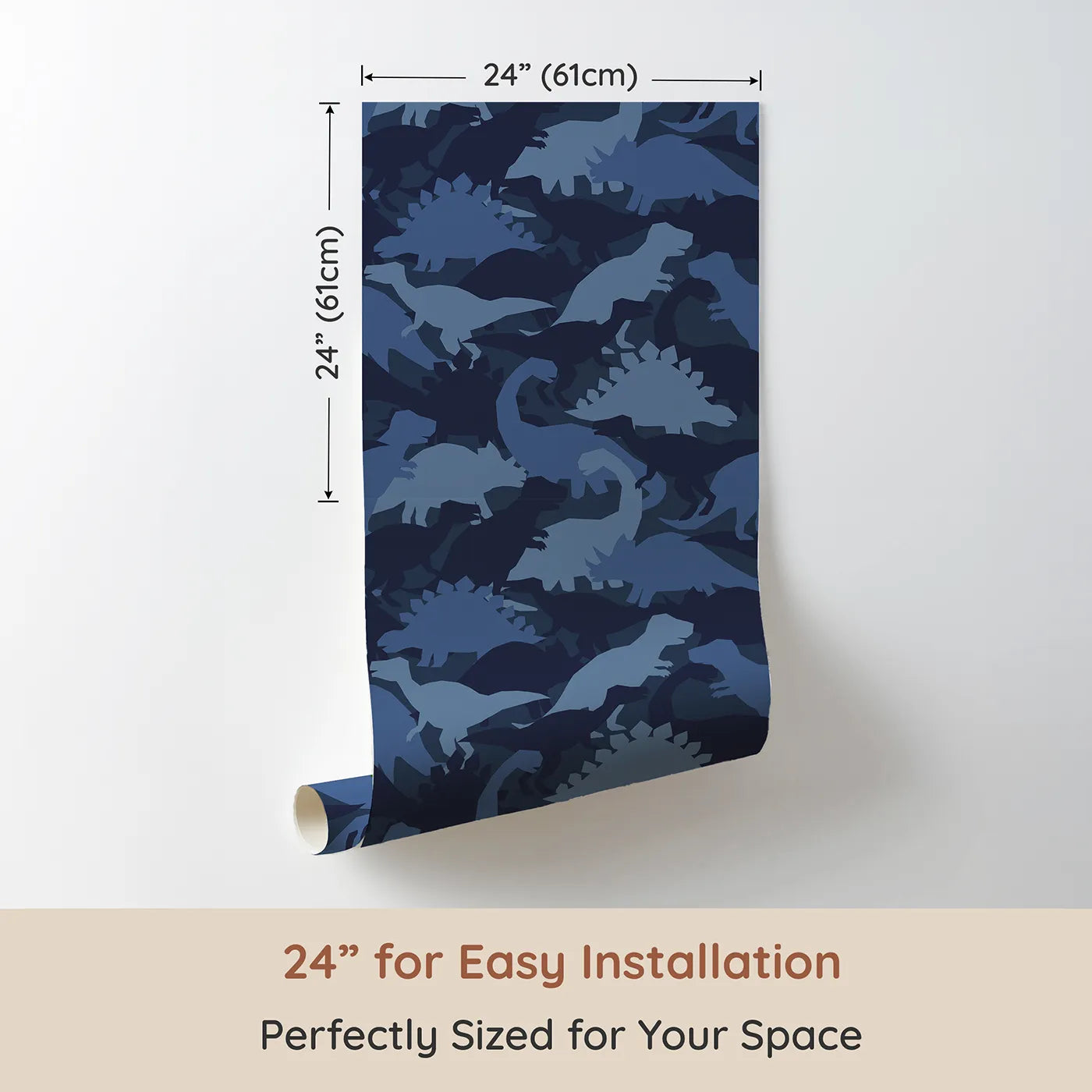 Dimension view of Whimsy Tots Dinosaur Camouflage Wallpaper in Blue (W2049). Printed in 24-inch-wide panel for easy installation. Where mighty dinosaurs are hiding in plain sight.