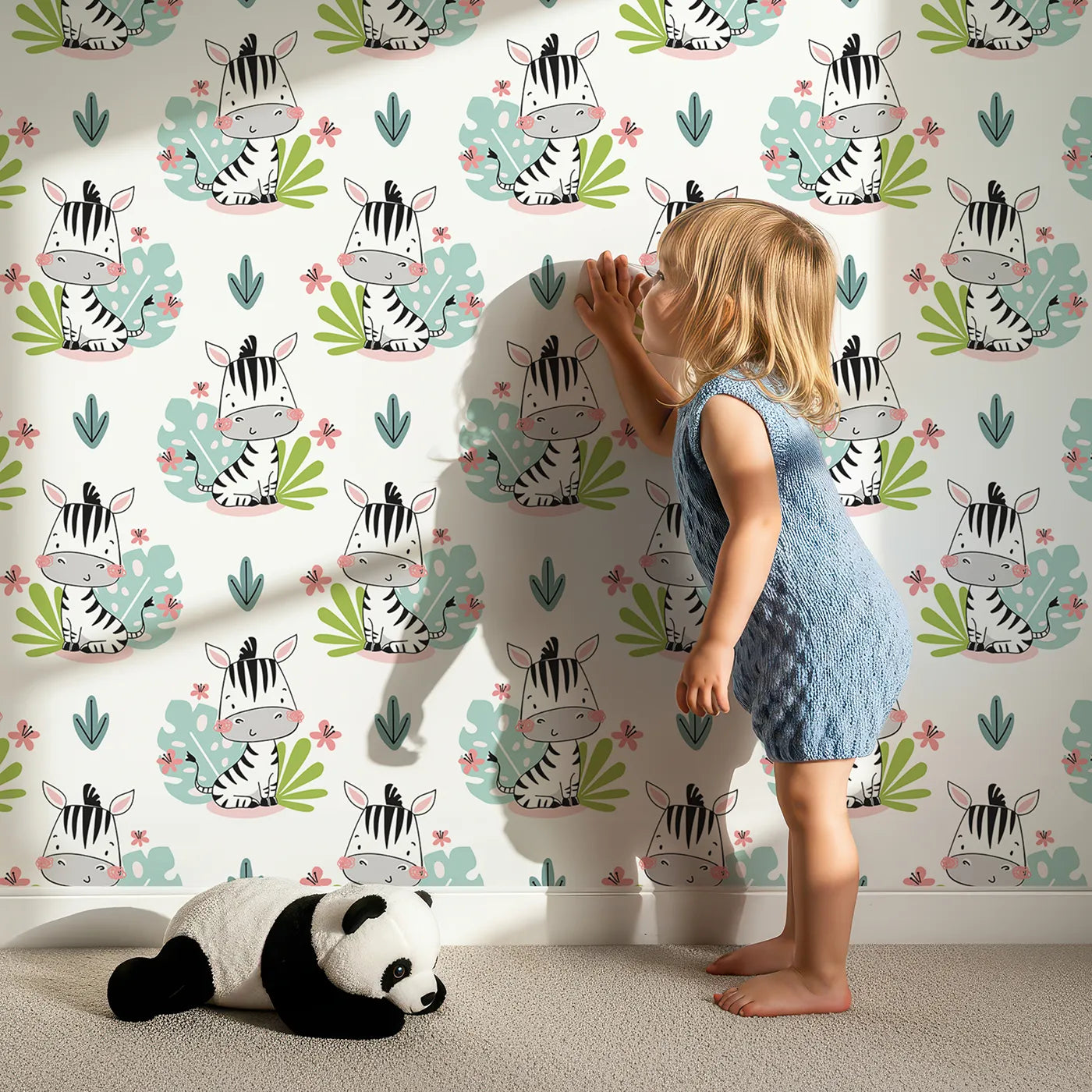 Lovely child standing in front of Whimsy Tots Tropical Zebra Bloom Wallpaper with zebra, tropical, leaf, flower, jungle in design.