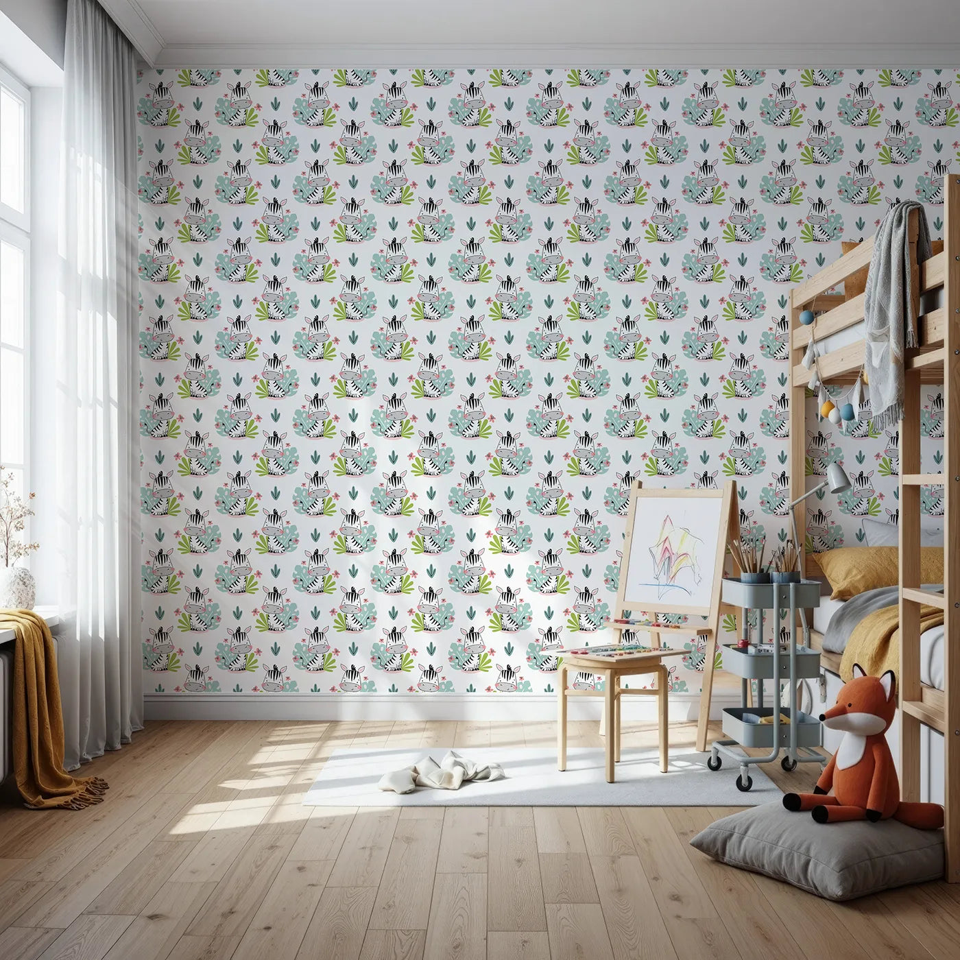Front view of Whimsy Tots' Tropical Zebra Bloom Wallpaper