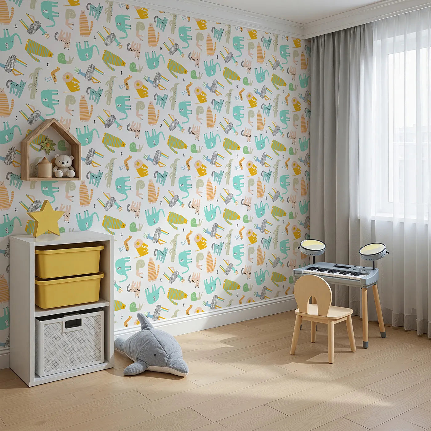 Angled view of Whimsy Tots' Quirky Animal Kingdom Wallpaper (W2052).Where wonderfully weird and happy animals roam free.