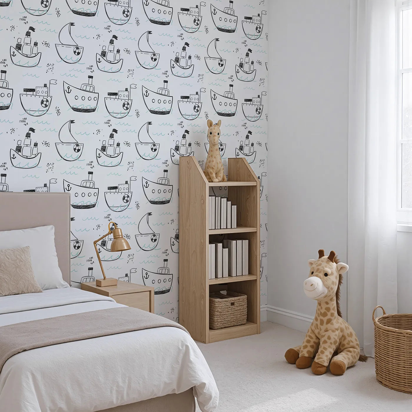 Angled view of Whimsy Tots' Maritime Doodle Wallpaper (W2054).Where hand-drawn ships sail on imaginary waves.