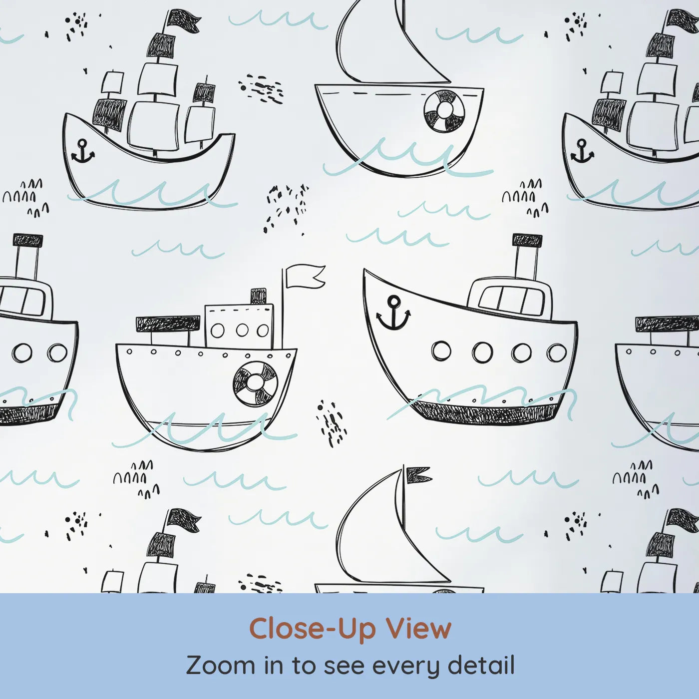 Close-up view of Whimsy Tots' Maritime Doodle Wallpaper (W2054).Where hand-drawn ships sail on imaginary waves.