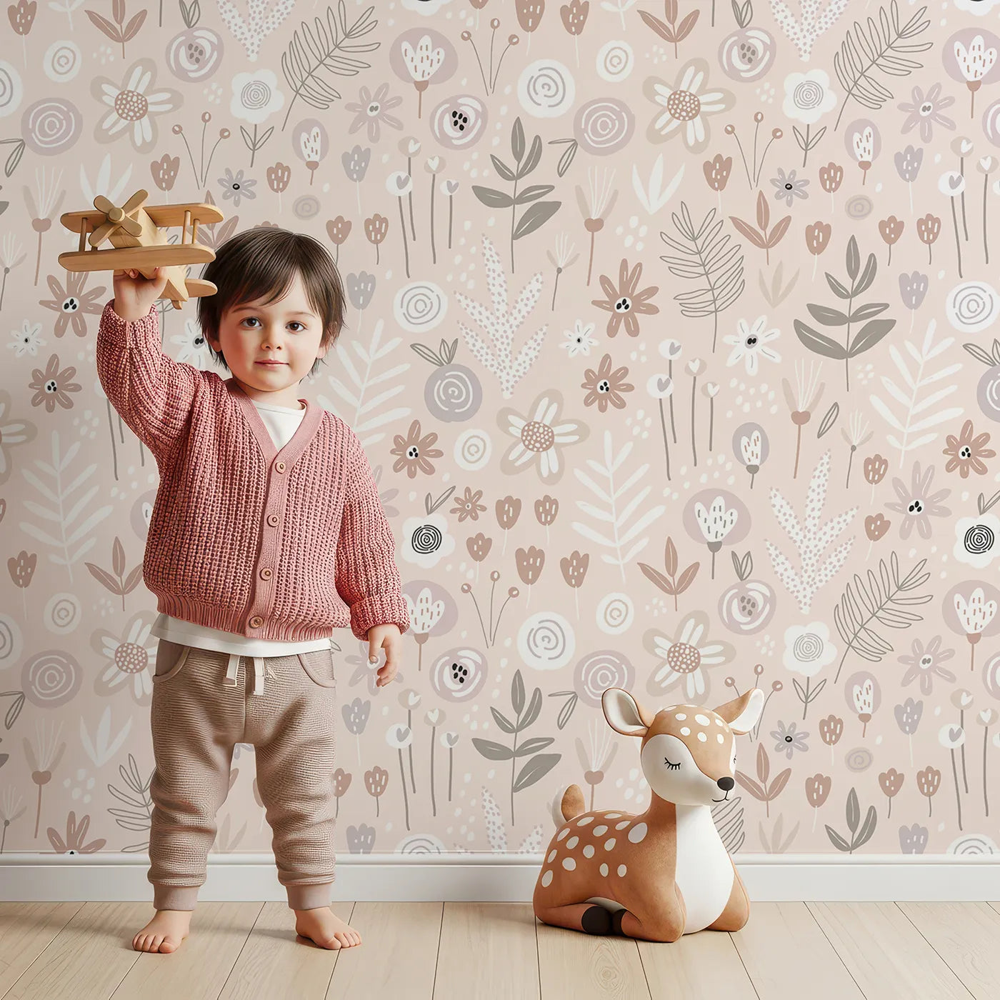 Lovely child standing in front of Whimsy Tots Boho Meadow Wallpaper in Pink with floral, flower, boho, botanical, meadow in design.