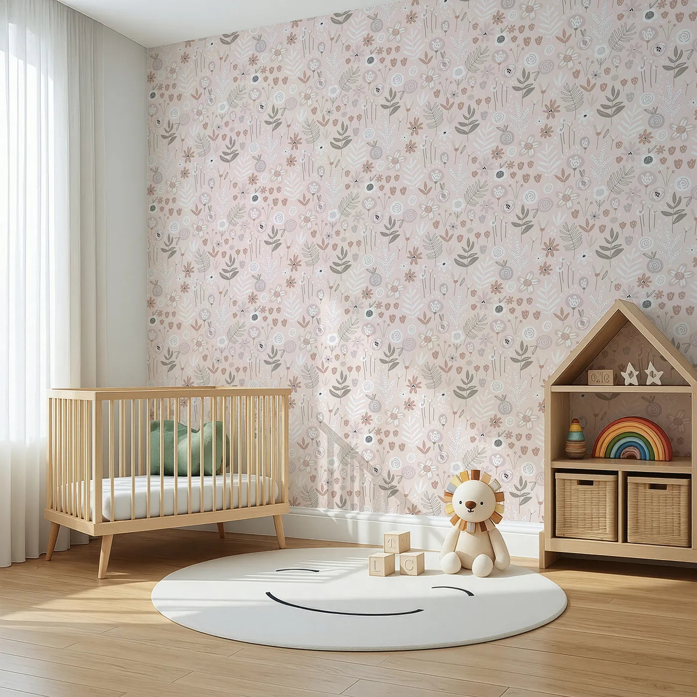 Angled view of Whimsy Tots' Boho Meadow Wallpaper in Pink (W2055).Where soft, stylized blossoms create a calming boho dream.