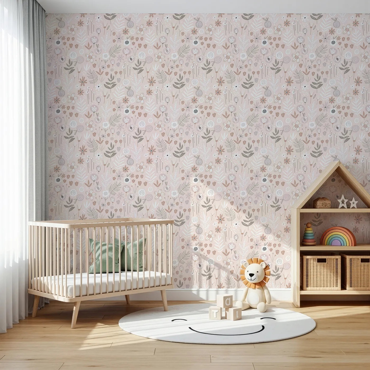 Front view of Whimsy Tots' Boho Meadow Wallpaper in Pink